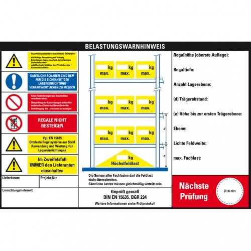 Dreifke® Belastungswarnhinweis für Palettenregale, 3 Einheiten, Kunststoff, 300x200mm