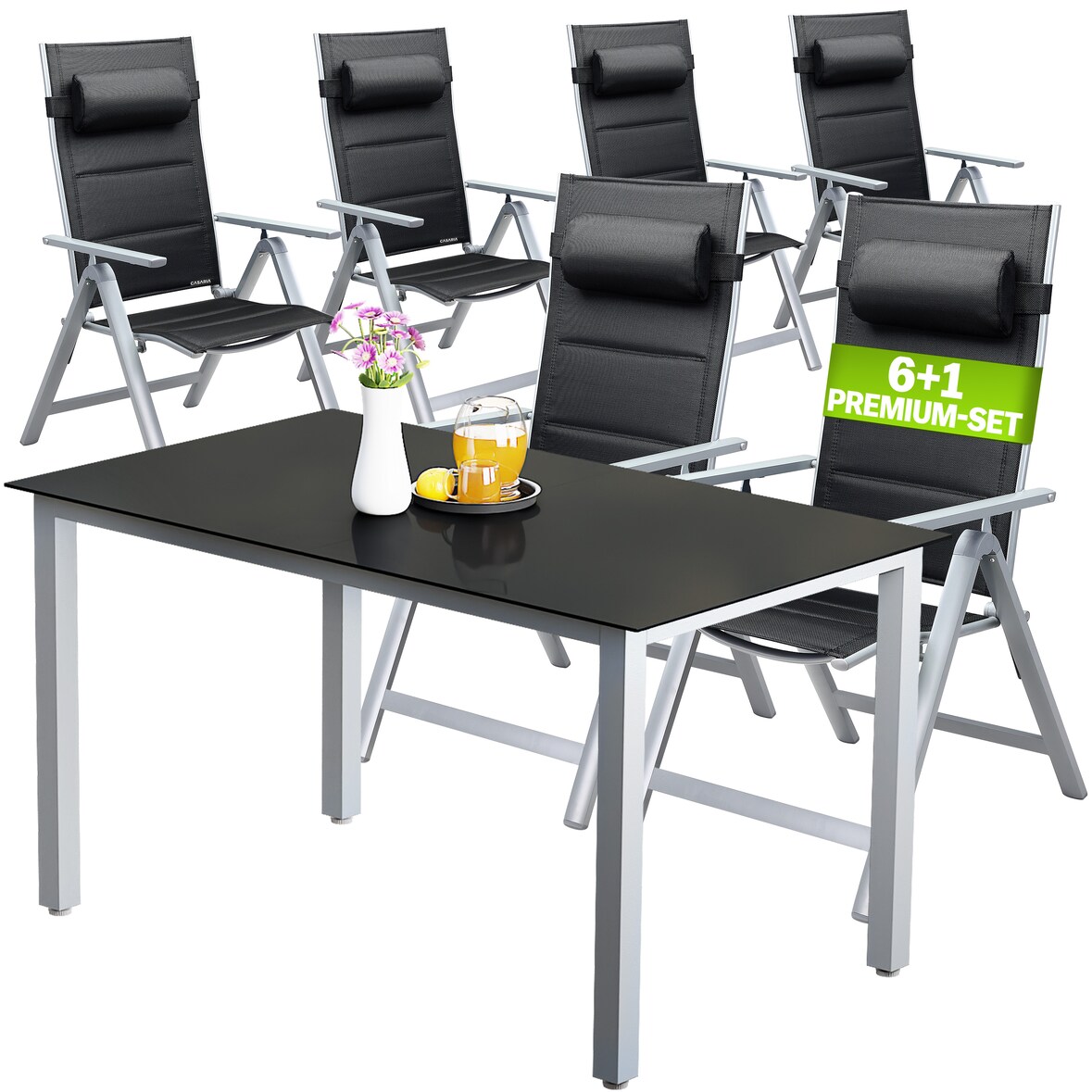 CASARIA® Gartenmöbel Set Gartentisch 6 Stühle Silber