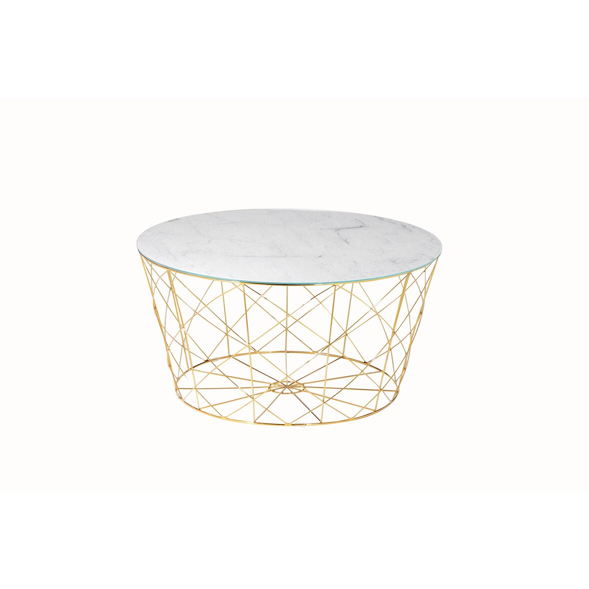SalesFever Couchtisch mit Metallkorb Ø 80 cm | Glasplatte foliert in Marmor-Optik | Gestell Metall | B 80 x T 80 x H 45 cm | weiß-gold
