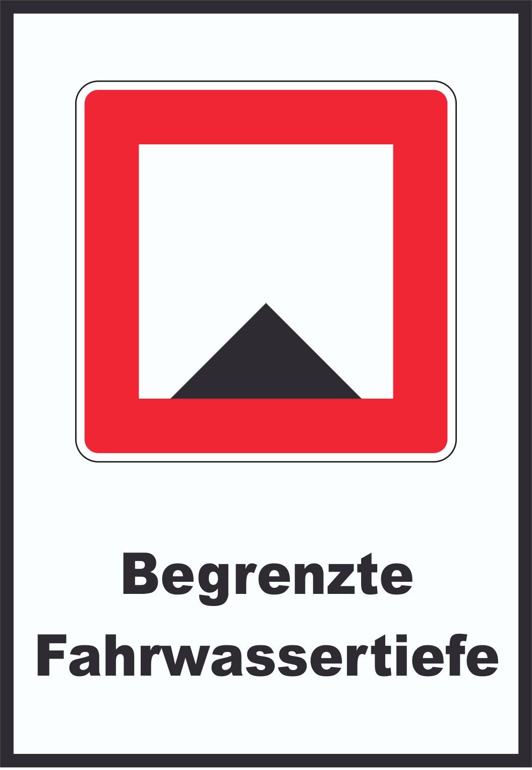 Begrenzte Fahrwassertiefe Tiefe unter Wassserspiegel begrenzt Symbol und Text A4 (210x297mm)
