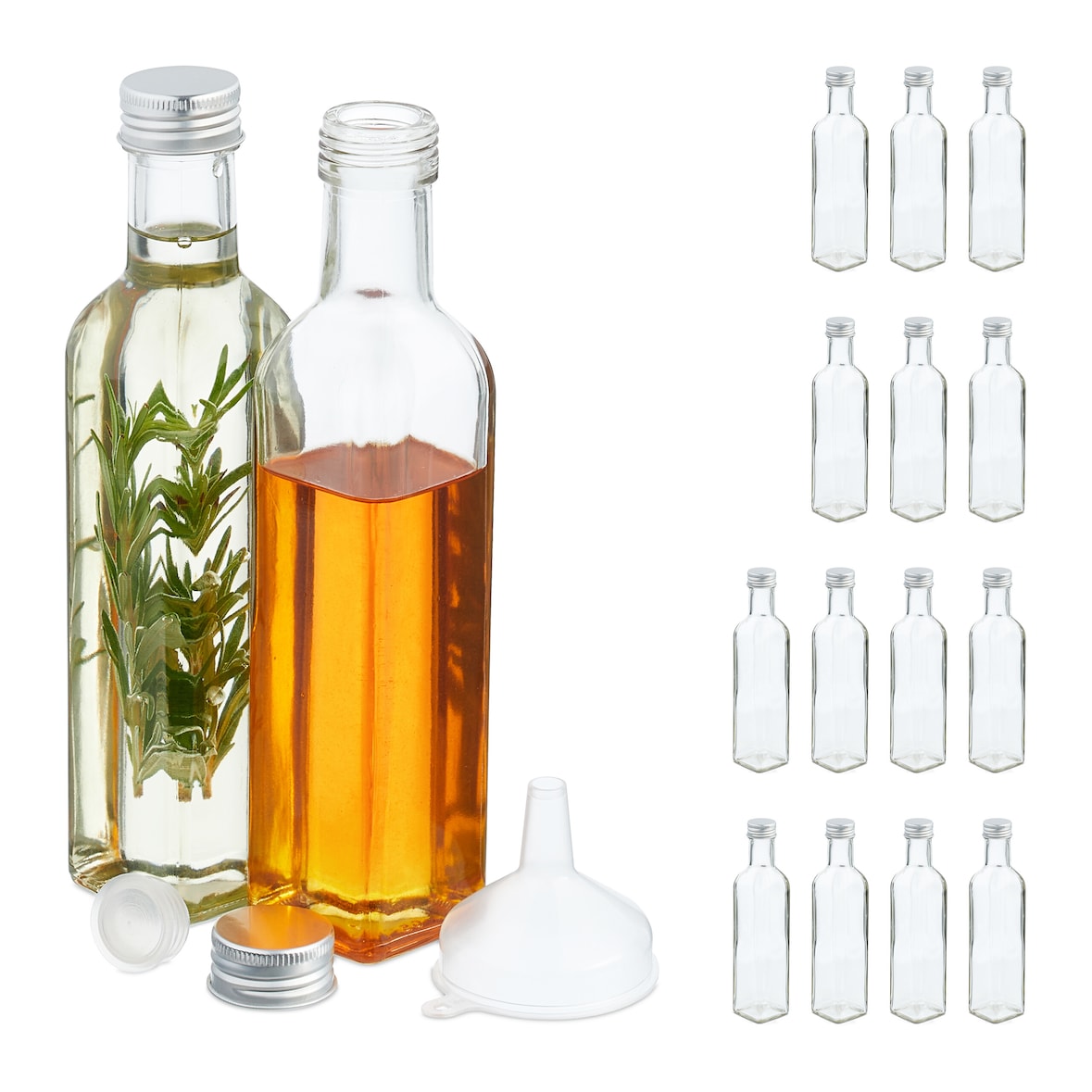 Relaxdays Flaschen zum Befüllen, 16er Set, leere Glasflaschen, für Likör, Öl, Saft, Schnapsflaschen, 250 ml, transparent