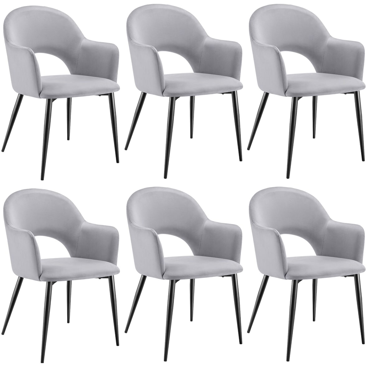 tectake Cadeira de jantar Sachel, aspecto veludo, estofada, 120 kg - Conjunto de 6 cinzento claro