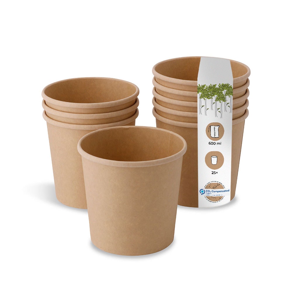 BIOZOYG 25 Stück Pappbecher 600ml für Eintöpfe und Eis aus ungebleichtem Kraftkarton, braun, Suppenbecher, Einwegbecher, biologisch abbaubar