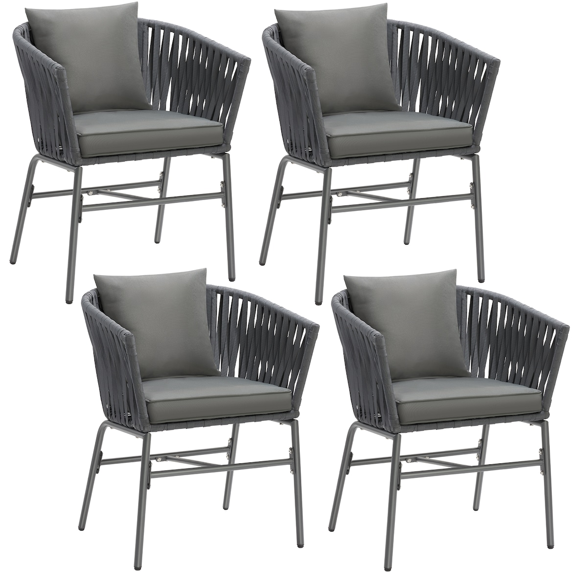 tectake Stuhlset Valeiras im Rope-Design, dicke Polster, 60x61x77cm - 4er Set dunkelgrau/dunkelgrau