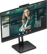 Ein Monitor mit einer Webcam und einer Frau.