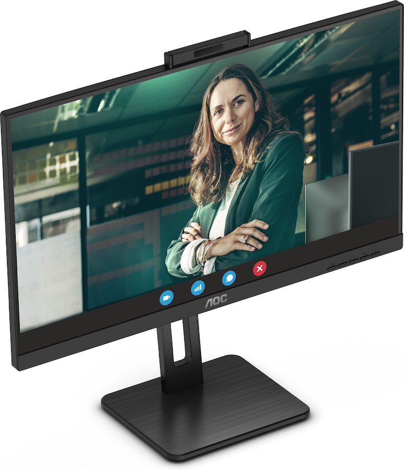 Ein Monitor mit einer Webcam und einer Frau.