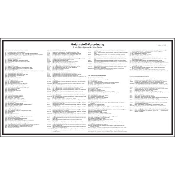 Aushang, Gefahrstoff-Verordnung R+S-Sätze über gefährliche Stoffe - 530x300x1.5 mm Kunststoff