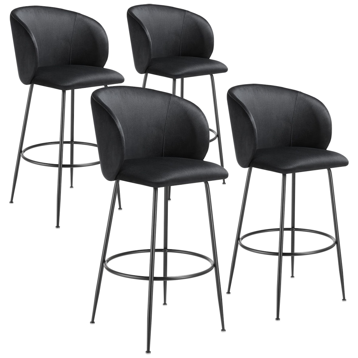 tectake Cadeira de bar Luana, com encosto, aparência de veludo - Conjunto de 4 preto/preto