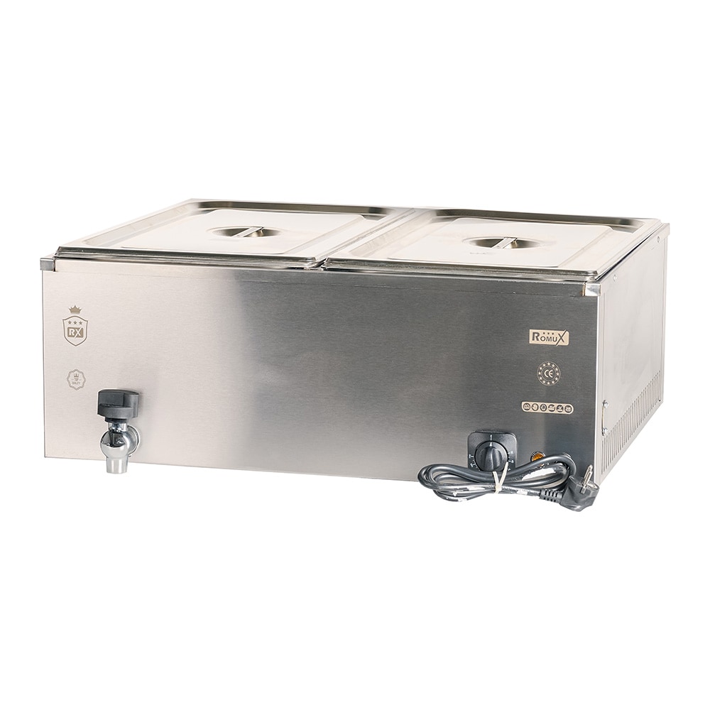 Romux® Baño María Eléctrico 2 Cubas GN 1/1 Sobremesa con Grifo de Vaciado y Regulador de Temperatura 30-110°C | Profesional Hostelería - 2000 W