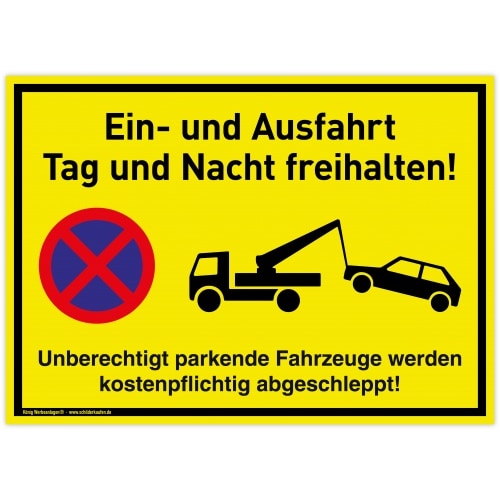 Großes Schild Ein- und Ausfahrt | PVC 42x30 cm | Tag und Nacht freihalten Unberechtigt parkende Fahrzeuge werden kostenpflichtig abgeschleppt | gelb