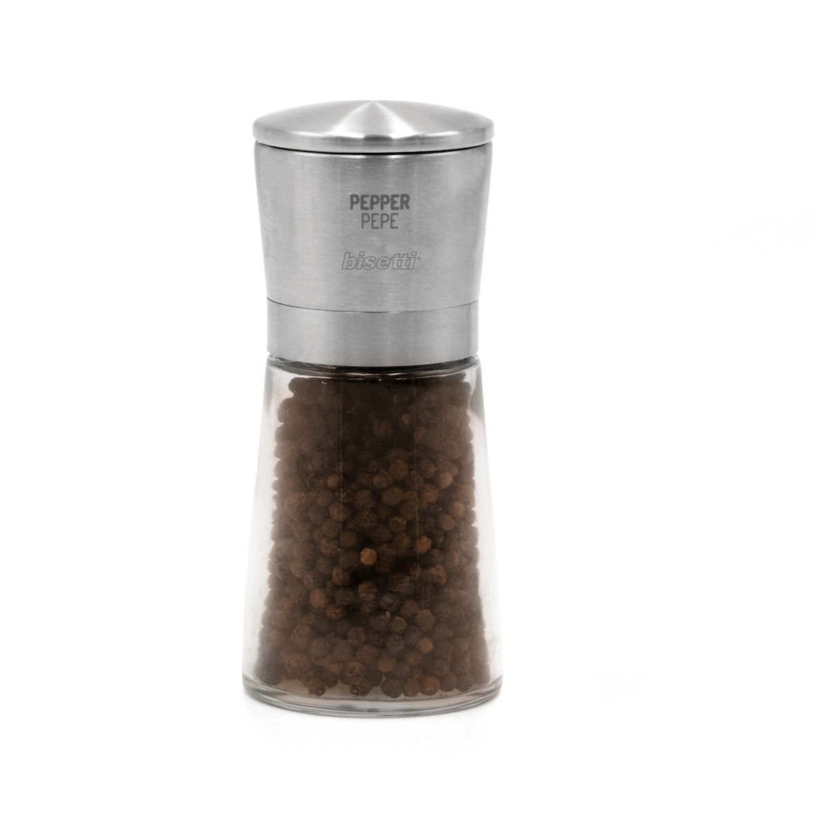 BISETTI - La Spezia, Macina Pepe in vetro e acciaio, con macina professionale altamente specializzata, h 14,5 cm, pieno con pepe nero classico
