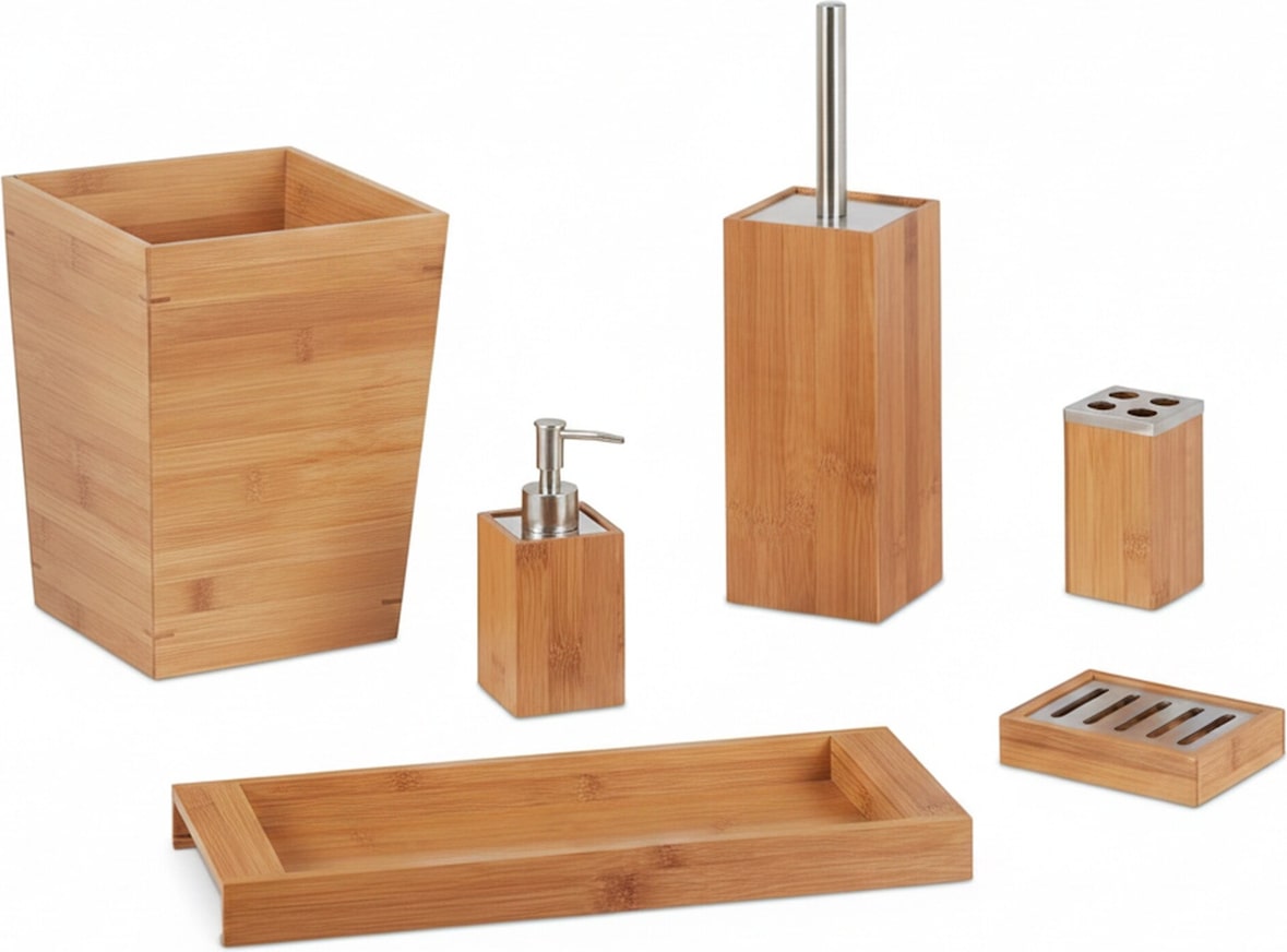 Relaxdays Bad Set, 6-teilig, Bambus, Seifenspender, Seifenhalter, Bürstenhalter, Zahnputzbecher, Ablage, Badeimer, natur