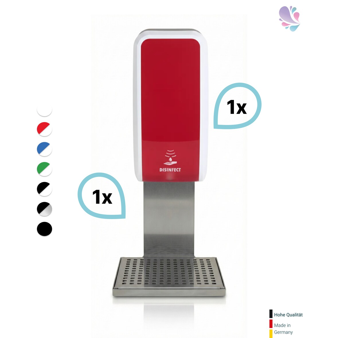 SET: Desinfektionsspender SENSOR, berührungslos Blanc Cosmos versch. Farben+Edelstahlhalterung mit Auffangschale : Farbe - Rot / Weiß