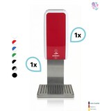 thumbnail of SET: Desinfektionsspender SENSOR, berührungslos Blanc Cosmos versch. Farben+Edelstahlhalterung mit Auffangschale : Farbe - Rot / Weiß
