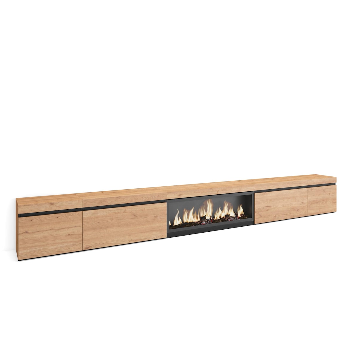Mueble TV, Televisión, Muebles de salón, almacenaje, 368x35x45cm, Chimenea eléctrica XXL, Estilo Moderno, Roble _515_1161