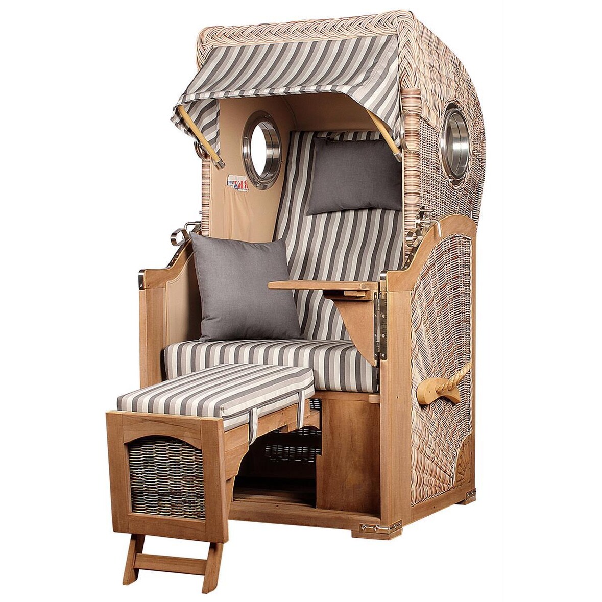 Strandkorb - bene living - Ammersee Single Teak Bullauge - PE shell - Modell 545 - Einsitzer inkl. Liftersystem