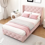 thumbnail of Luxuriöses Samt-Polsterbett 100x200 Rosa Knopf-Tufting Nietenverzierungen Verstärkte Bettbeine Modernes elegantes Design