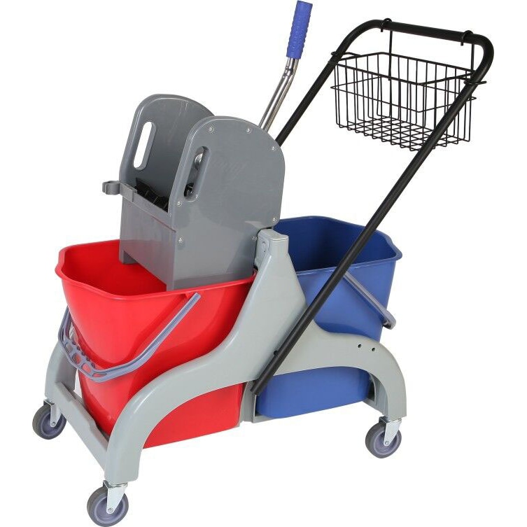 METRO Professional Wagen mit Doppeleimer, PP / Eisen, 45 x 75 x 90 cm, 2 x 23 L, blau / rot