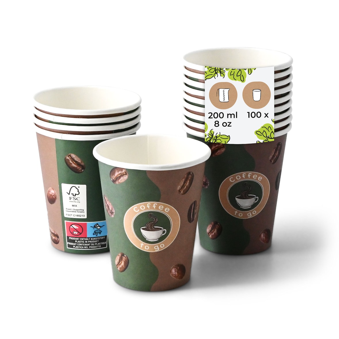 BIOZOYG Pappbecher Bedruckt 100 Stück 200 ml / 8 oz, Ø 80 mm, weiß - Kaffeebecher to Go - Pappe beschichtet mit PE - Trinkbecher/Einweg