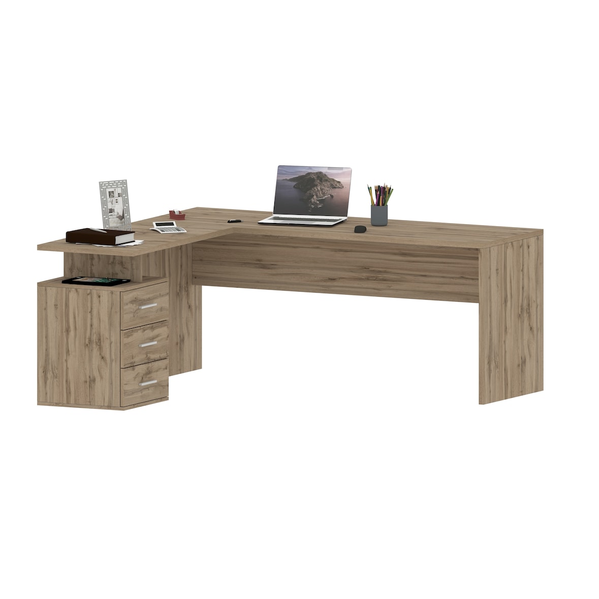 Web Furniture NEW SELINA Scrivania ad Angolo Melaminico 3 Cassetti 160x180cm   Wotan Oak
