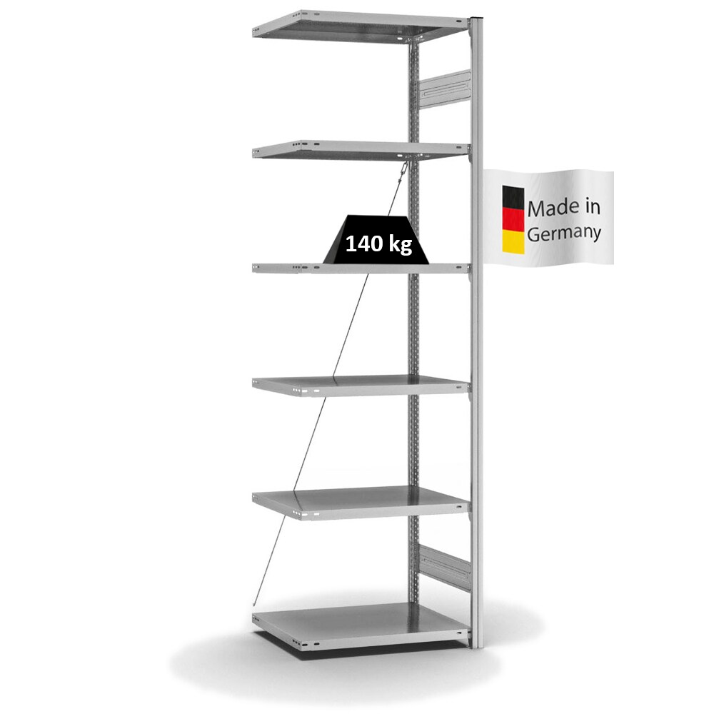PROREGAL Fachbodenregal Stecksystem | Anbauregal | HxBxT 250x75x50cm | 6 Ebenen | Fachlast 140 kg | Einseitig nutzbar | Verzinkt