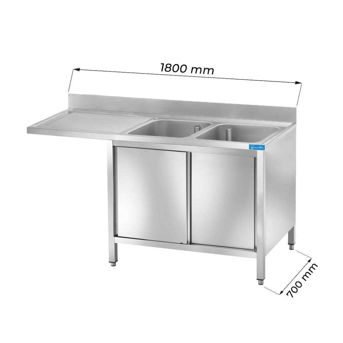 Lavello in acciaio inox armadiato per lavastoviglie con N.2 vasche con alzatina e gocciolatoio a sinistra L1800xP700xH850 mm - linea basic