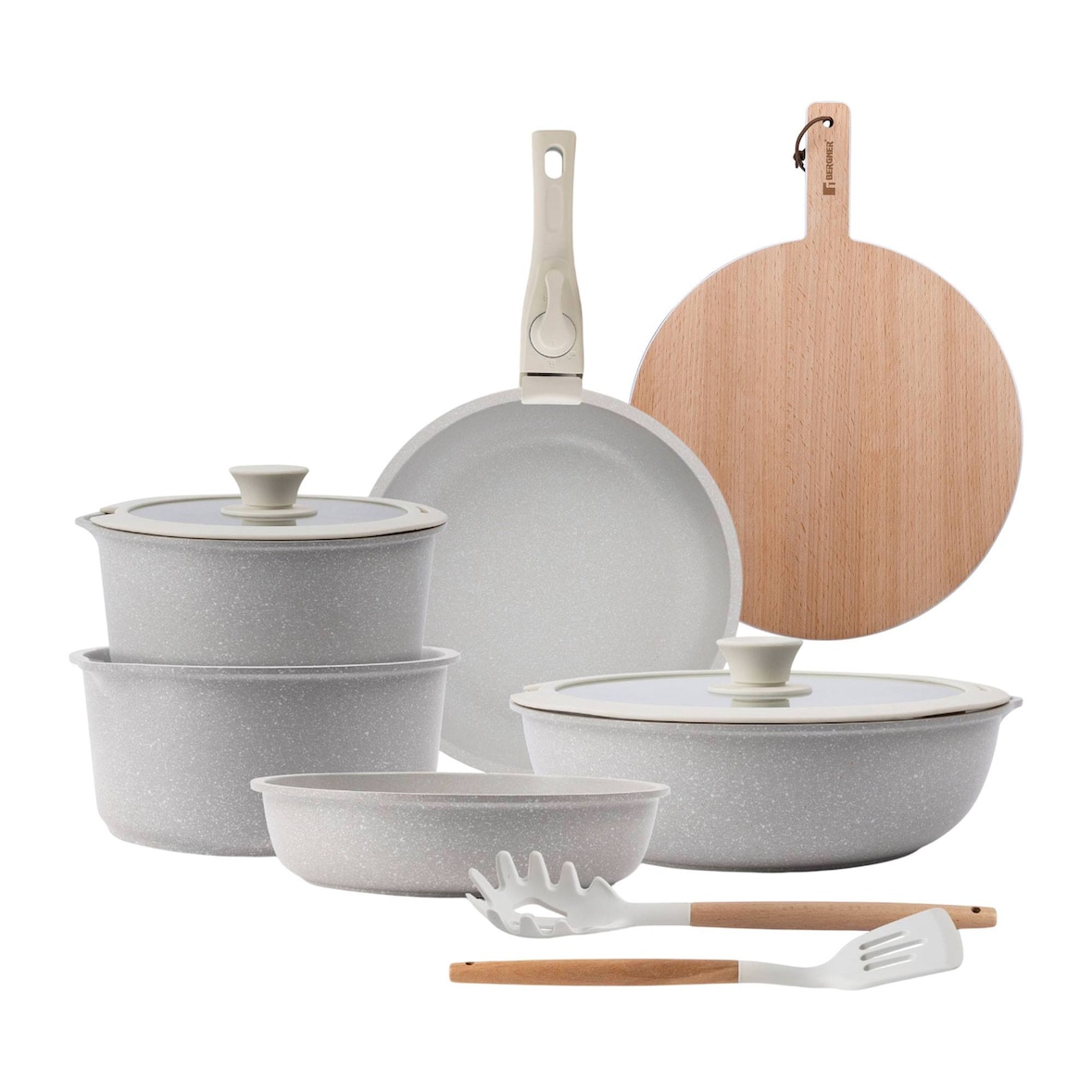 BERGNER - Batería de cocina 10 pcs Aluminio fundido y Antiadherente con Mango extraíble con Tabla de Corte Redonda 38x28x1,5cm en Madera de Haya
