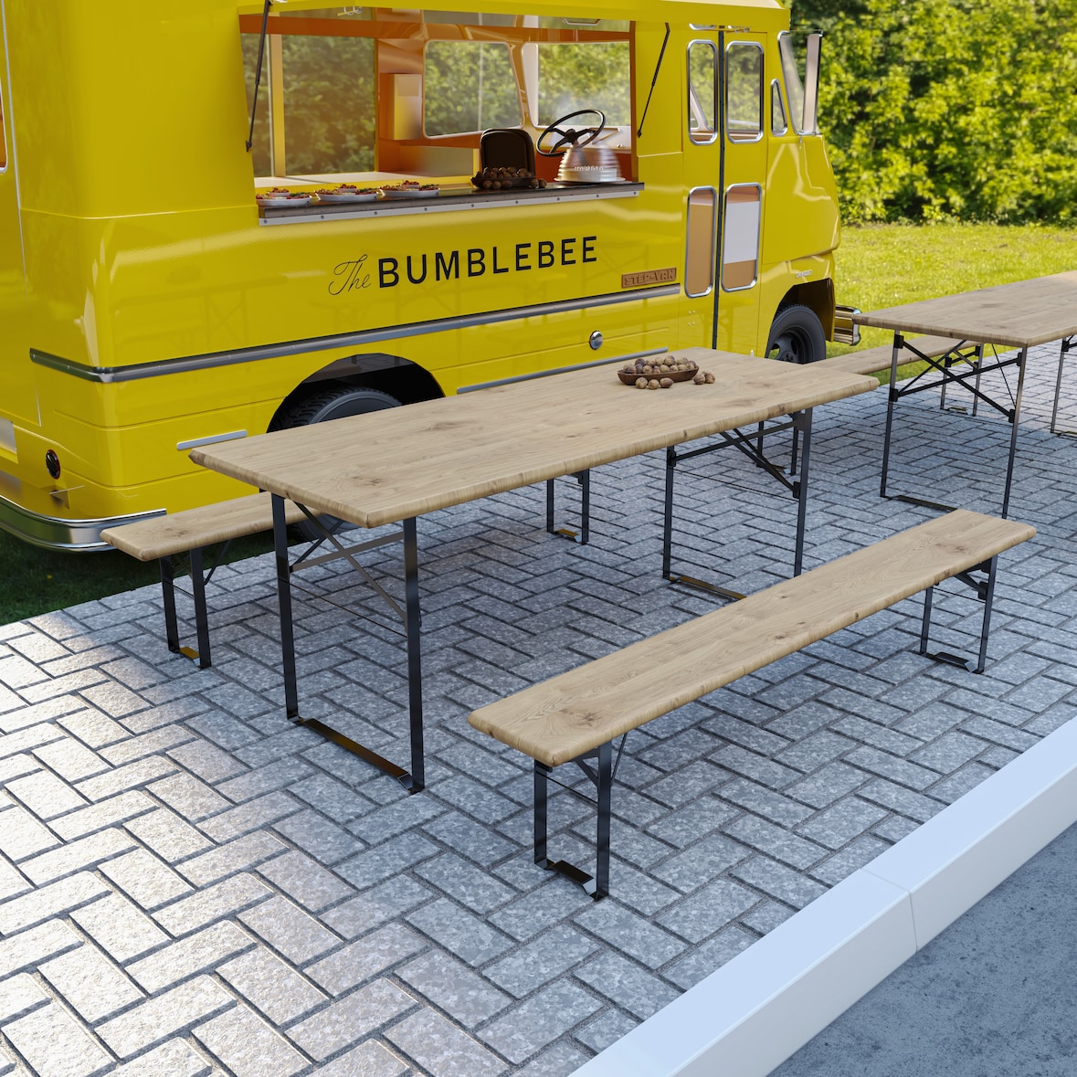 Set Birreria Completo Tavolo Con 2 Panche In Legno Naturale Gambe Pieghevoli Bar Pub Giardino Fiera Picnic Camping Campeggio Feste Sagre 180x70x75 Cm