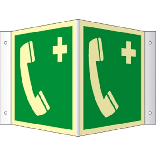 Winkelschild Notruftelefon, ISO 7010, Kunststoff, nachleucht.,160-mcd,200x200 mm