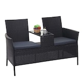 thumbnail of Poly-rattan bank met tafel HWC-E24, tuinbank zitgroep tuinbank, 132cm ~ zwart, donkergrijze kussens