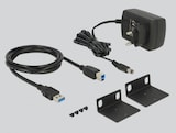 Netzteil, USB-Kabel und Halterungen.