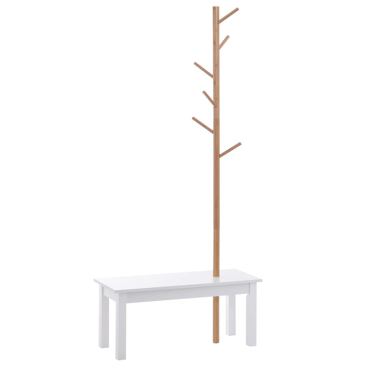 HOMCOM Cabide de Pé com Banco Pendurador Tipo Árvore Moderno 6 Ganchos para Pendurar Roupa Malas Corredor Entrada Bambu e MDF 80x30x180cm