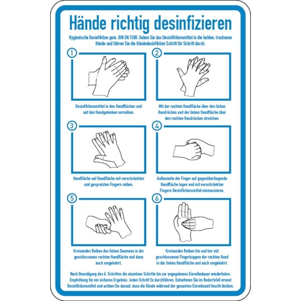 Hinweisschild, Hände richtig desinfizieren, 300 x 200 mm - DIN EN 1500 - 200x300x1.5 mm Kunststoff