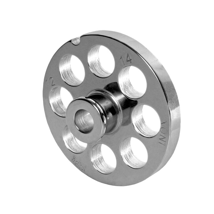 WOLFCUT Fleischwolfscheibe mit Nabe INOX-Stahl Größe 10/12 - 14,0 mm Bohrung kompatibel mit ALEXANDERWERK 10/12 / REWEBO RF 12 / GGG 12/C uvm.