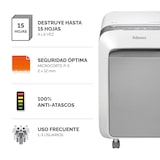 thumbnail of Fellowes Distruggidocumenti a microframmento LX211, 15 fogli, per piccolo ufficio, cestino 23L, Intellibar e Safesense, sicurezza P-5, bianco, 5050301