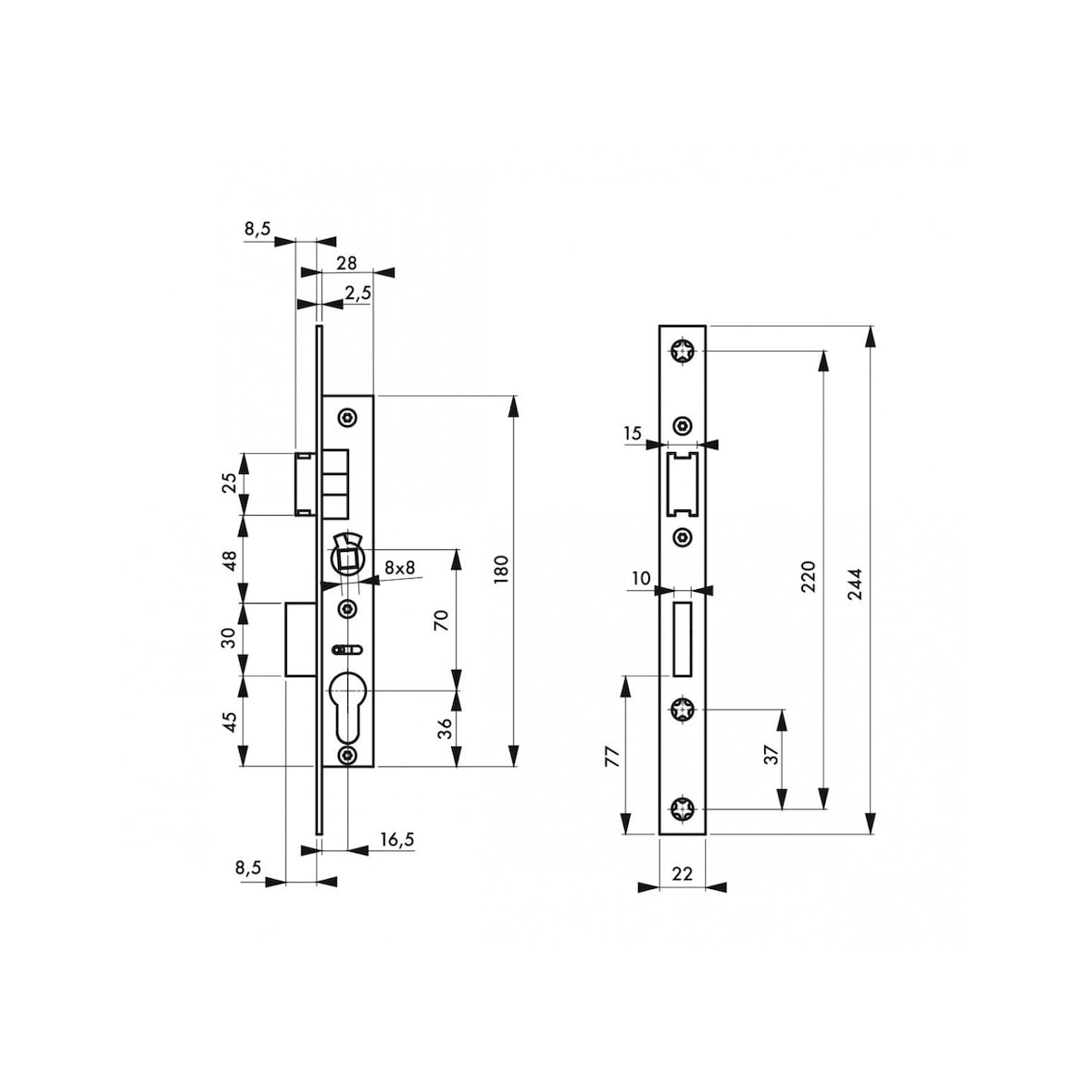 Serrure encastrable pour porte d'entrée axe 16,5 l 28 entr'axe 70