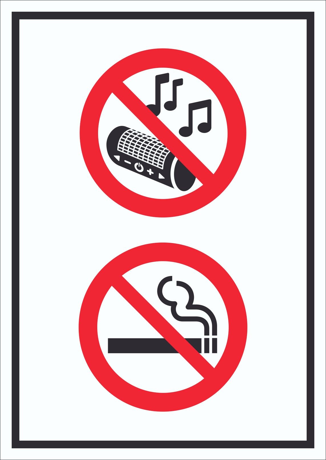 Schild Musik und Rauchen verboten Symbol hochkant A4 Rückseite selbstklebend