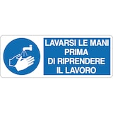 thumbnail of cartello alluminio 333x125 mm lavarsi le mani prima di riprendere il lavoro
