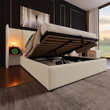 thumbnail of Polsterbett 160x200 Beige mit Holzregal Kopfteil, LED-Leselampe, USB-C, hydraulischer Stauraum, Metallrahmen und Massivholzlatten