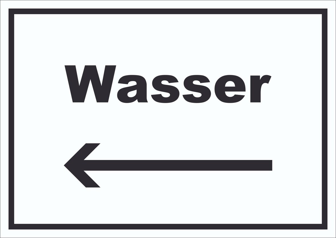 Wasser Schild mit Text und Richtungspfeil links Anschluss waagerecht A4 Rückseite selbstklebend