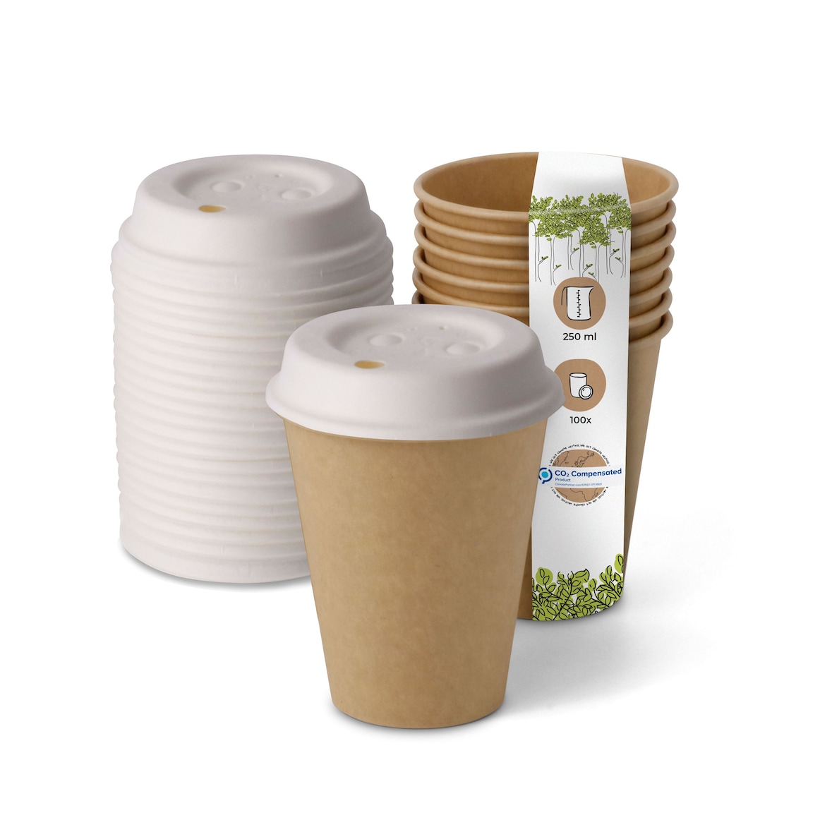 BIOZOYG 100 Stück Kaffeebecher mit passenden Pappdeckeln 250ml / 10oz Einwegbecher Pappbecher Kaffeetassen ungebleicht kompostierbar nachhaltig