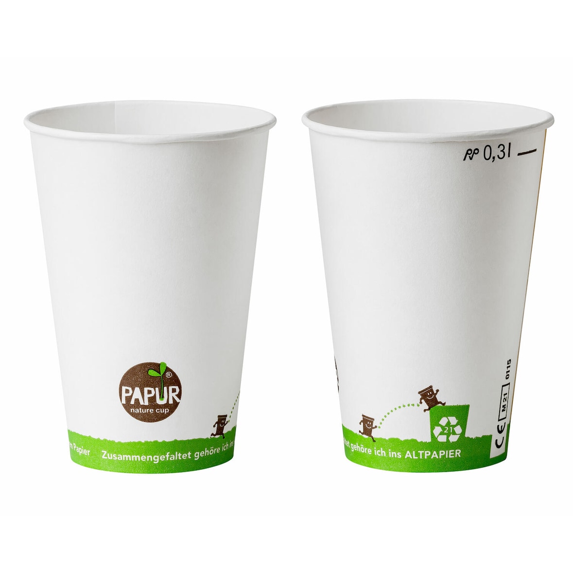 300x Bio Heissgetränkebecher Pappbecher PAPUR 80mm O mit Eichstrich 300 ml