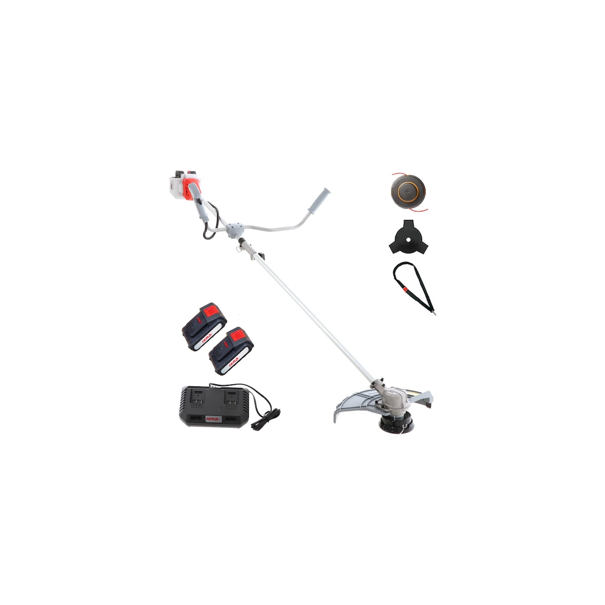 Débroussailleuse à batterie sans fil 40V - 2 batteries lithium 2.0Ah Chargeur double - Bobine de Fil + Lame 3 dents 25,5 cm IKRA