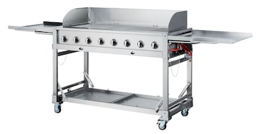 METRO PROFESSIONAL Barbacoa de gas con 8 quemadores, acero inoxidable, 260 x 65 x 108 cm, plegable, con 4 ruedas, con funda protectora,  plateado