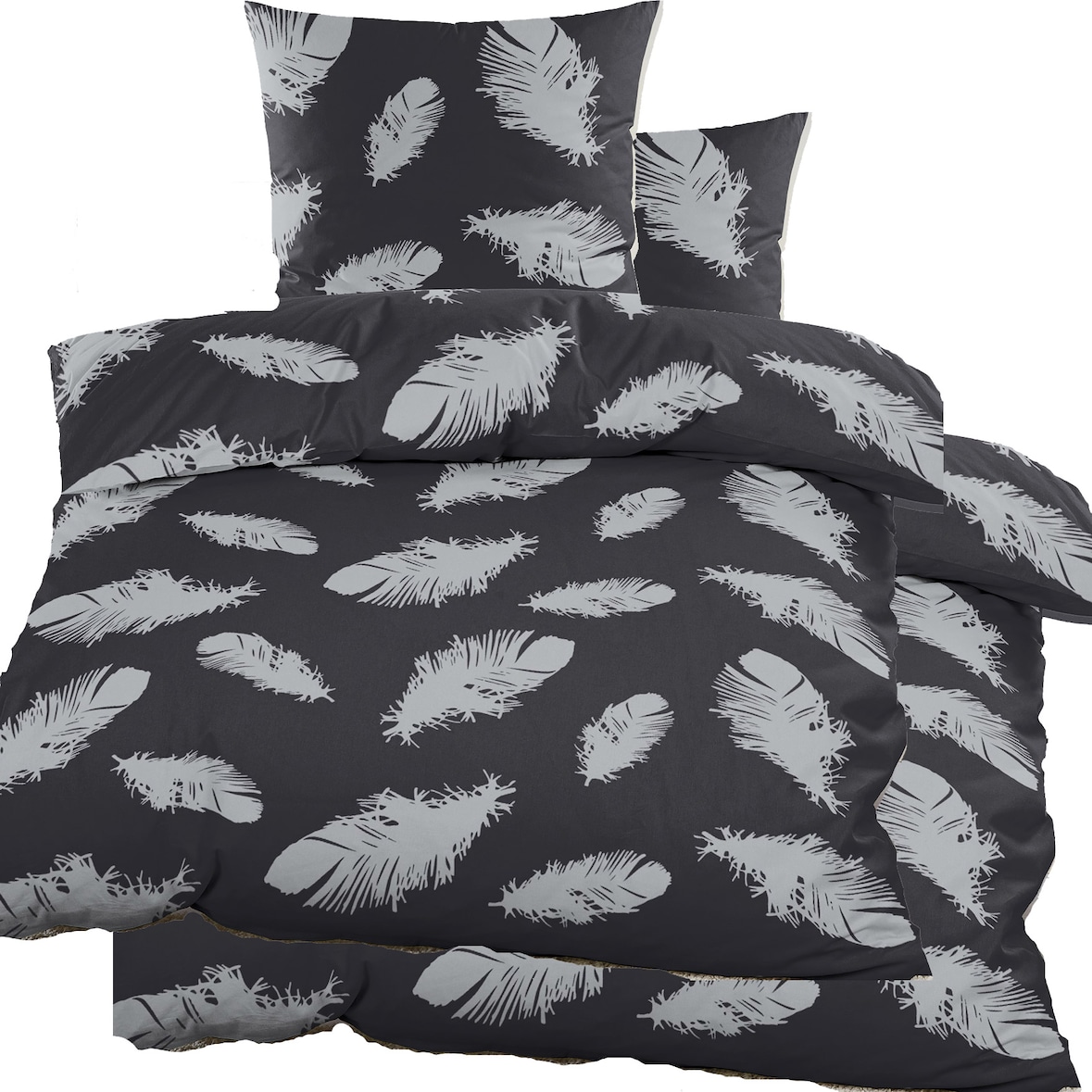 4-TLG. Biber Winter Bettwäsche 2X (135 x 200 + 80x80 cm), dunkelgrau Silber, Federn, Baumwoll Mischgewebe