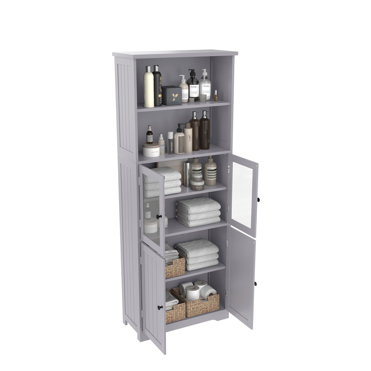 Badezimmer Hochschrank 160x58x29 cm Grau mit Glastür und Holzfront, 4 Türen, 2 offene Ablagen, verstellbare Einlegeböden, lackierte Oberfläche