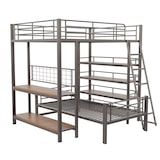 thumbnail of Hoch-Tief-Etagenbett Metallbett Loftbett mit Regalen & Ablagen, flexibles 2-in-1 Design, stabiler Lattenrost, Schwarz 140x200 cm