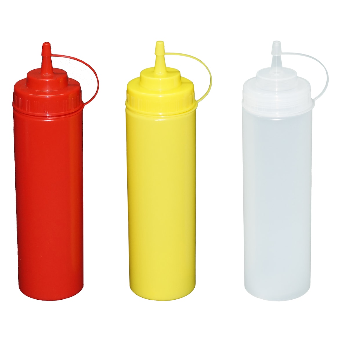 Je 1 Stück rot, gelb, transparente Quetschflaschen 0,76 Liter Dosierflasche Spenderflasche Dressingflasche