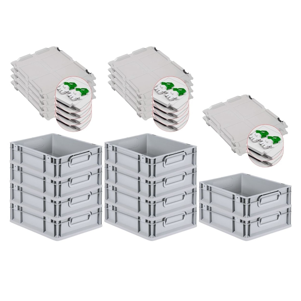 PROREGAL 10x Eurobox NextGen Grip mit Scharnierdeckel & grünen Verschlüssen | HxBxT 12x30x40cm | 11 Liter | Griffe geschlossen | Glatter Boden