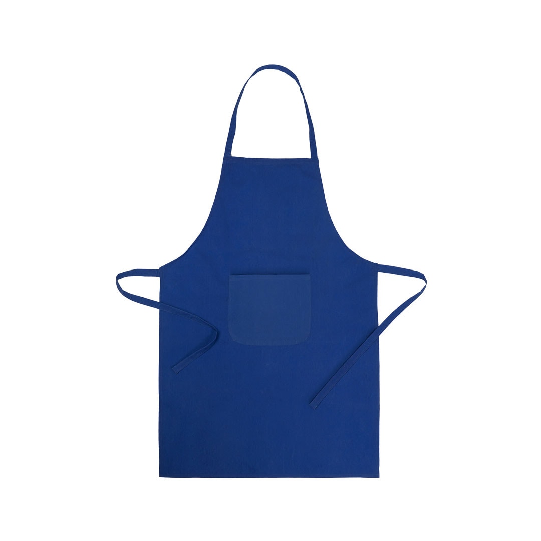 Schort met zak, verstelbare taillebanden en lengte tot onder de knie. Blauw
